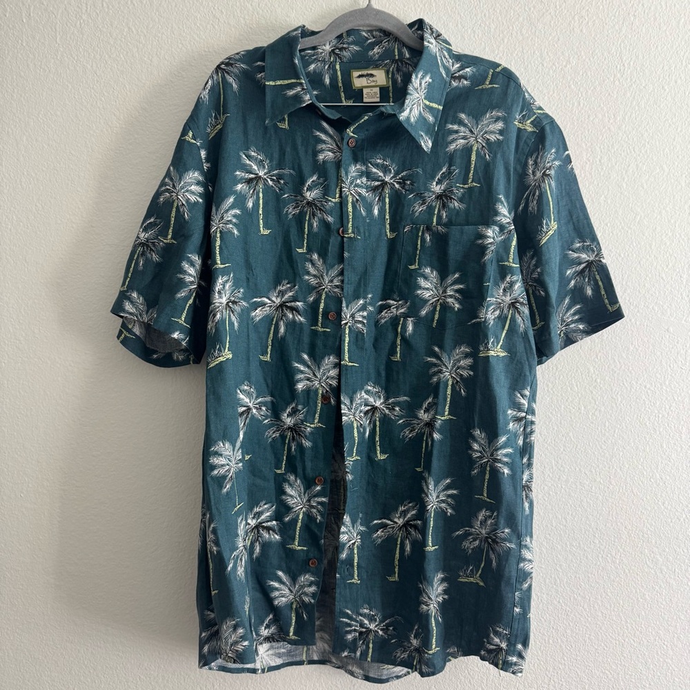 Kiko Bay Men’s Linen Hawaiian Palm Tree Blue Short Sleeve Shirt Size Medium
